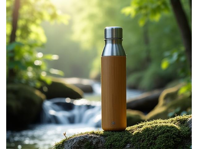 Sleek bamboo water bottle with a stainless steel interior.