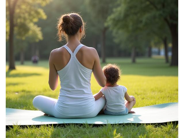 Large yoga mat accommodating an adult and child practicing together outdoors