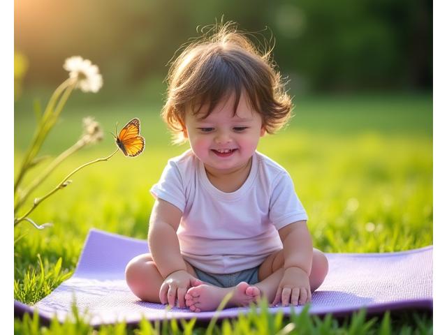 Toddler sitting playfully on a soft, colorful yoga mat outdoors