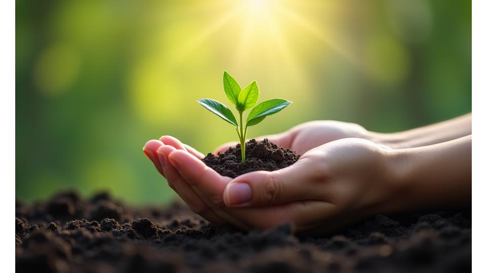 A serene hand gently holding a small, growing plant, symbolizing care, growth, and protection of data. Colors are soft greens and whites, with a peaceful, mindful feel.