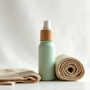 Eco-friendly mat cleaning spray and soft towel, designed for outdoor yoga mat maintenance.