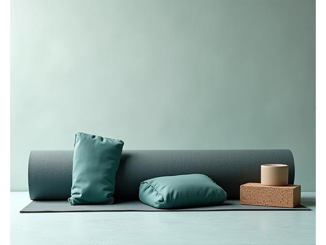 Advanced yoga props: a cork yoga block, a resistance band, and a meditation cushion, on a premium yoga mat.