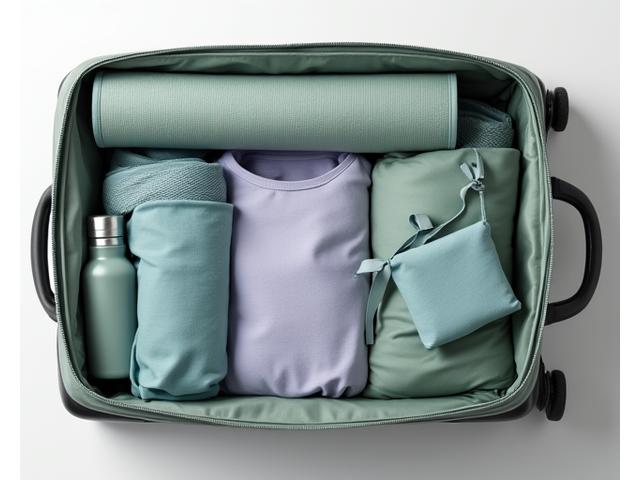 Neatly folded yoga clothes and gear organized in a suitcase, demonstrating efficient packing
